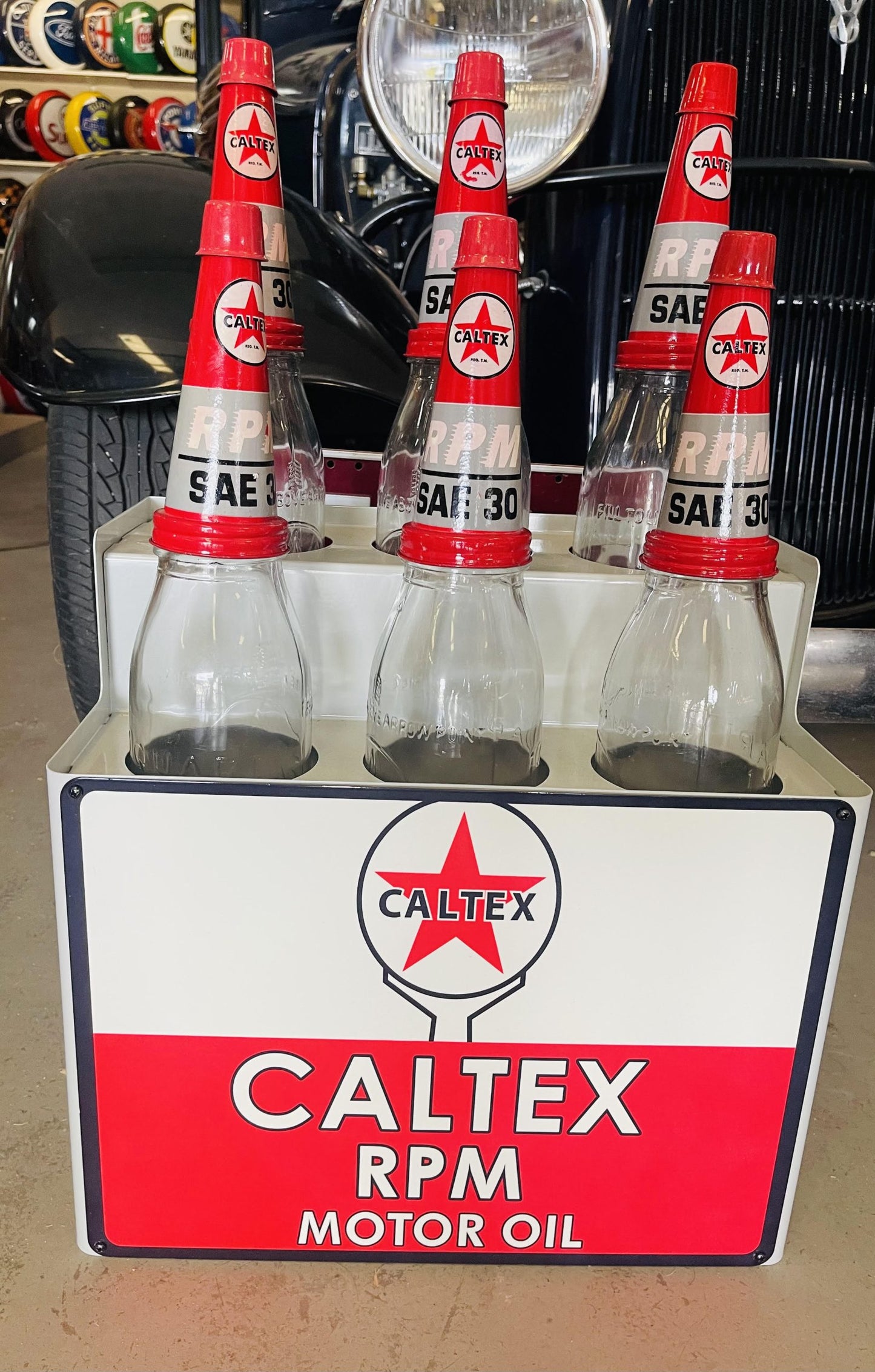 Caltex Oil Bottle Rack and 6 Bottles