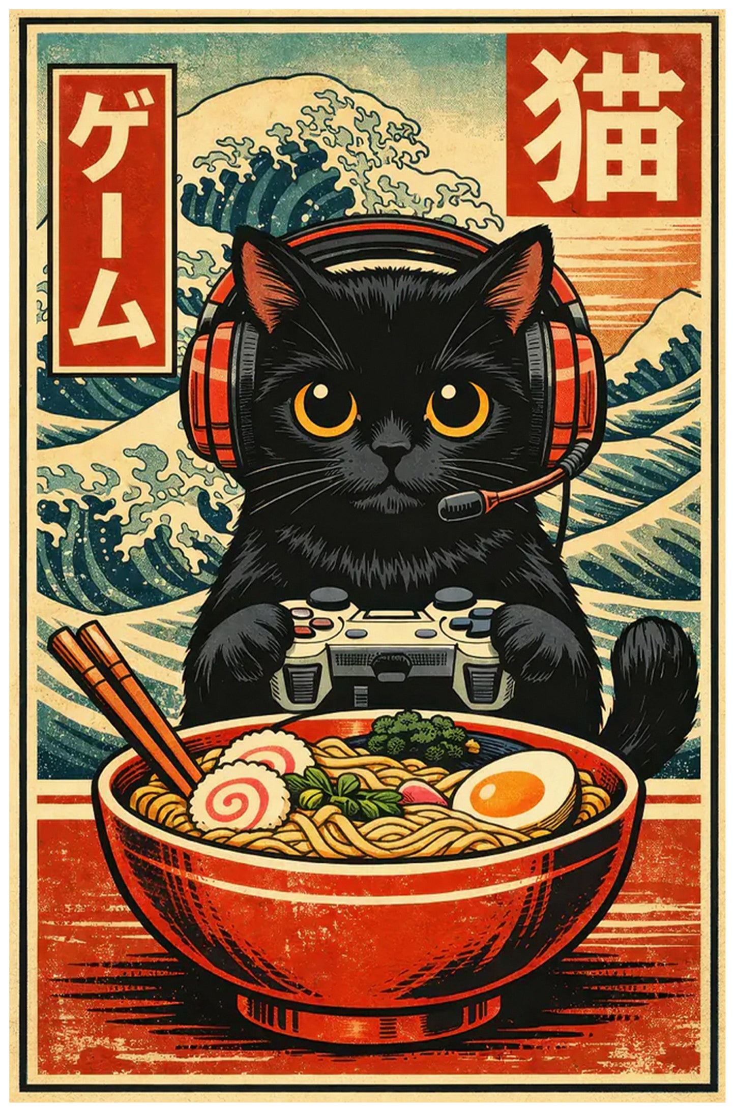 Gamer Cat Japanese Art Print Poster