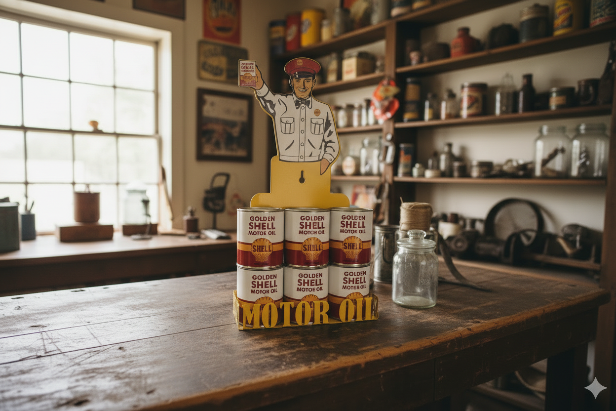 Shell Oil Can Man Stand & 6 Cans