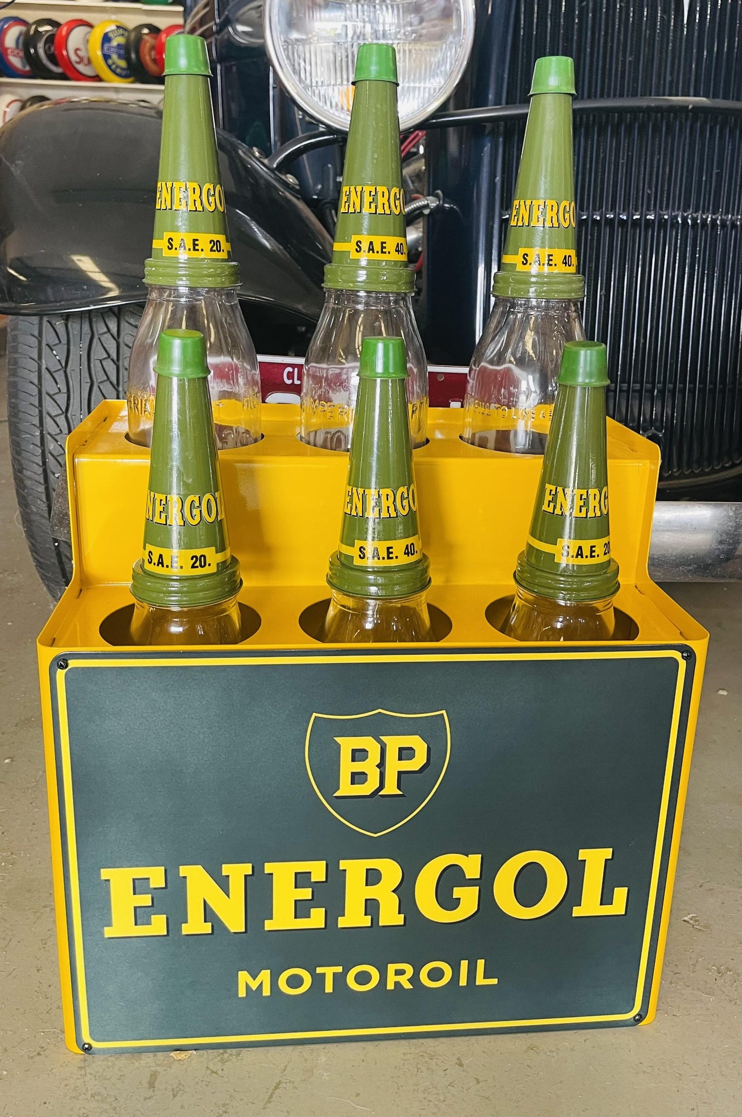 BP Oil Bottle Rack and 6 Bottles