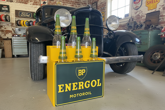 BP Oil Bottle Rack and 6 Bottles