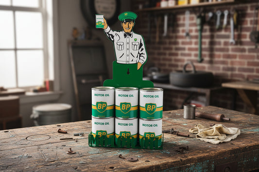 BP Oil Can Man Stand & 6 Cans