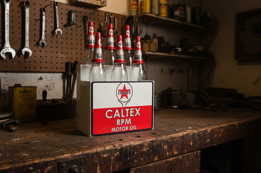Caltex Oil Bottle Rack and 6 Bottles