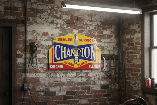 Champion Dealer Service tin metal sign