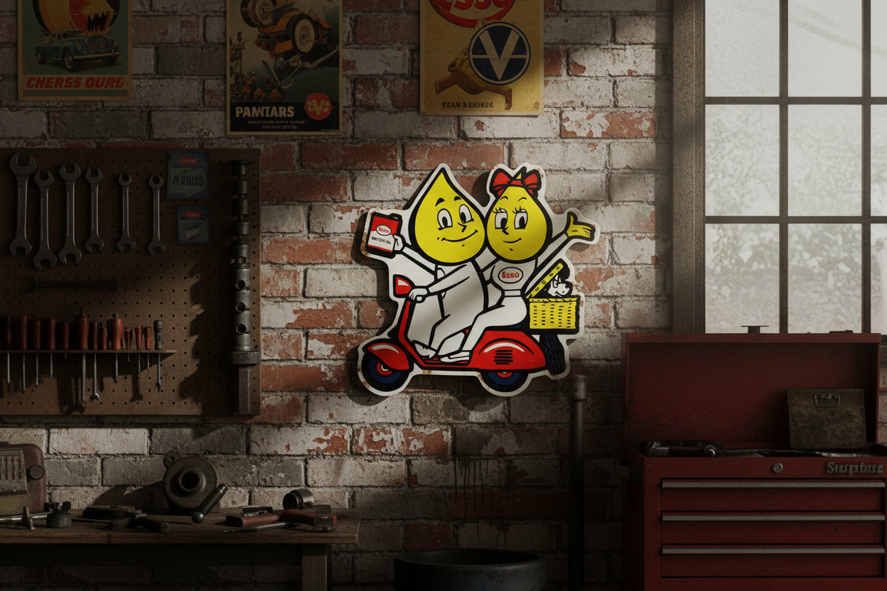 Esso Drip Family on Scooter die cut tin metal sign