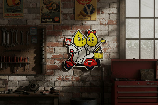 Esso Drip Family on Scooter die cut tin metal sign