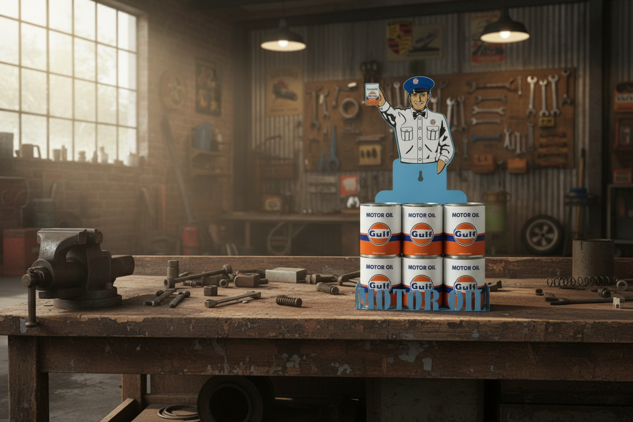 Gulf Oil Can Man Stand & 6 Cans