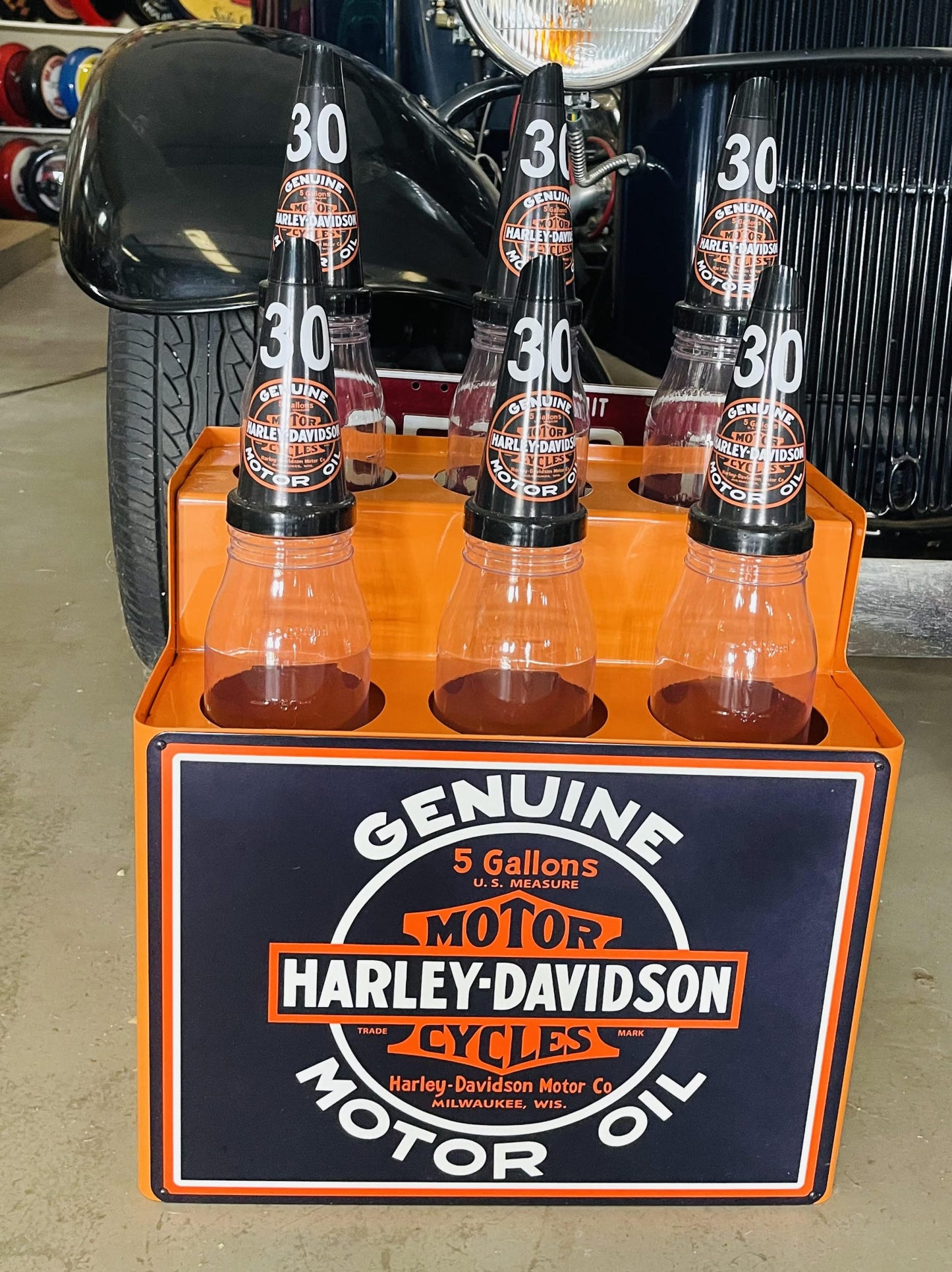 Harley Davidson Oil Bottle Rack and 6 Bottles