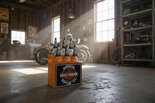 Harley Davidson Oil Bottle Rack and 6 Bottles