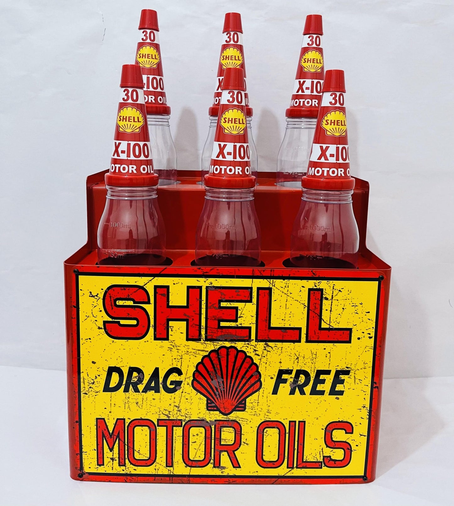 Shell Oil Bottle Rack and 6 Bottles