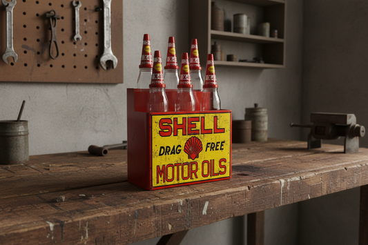 Shell Oil Bottle Rack and 6 Bottles